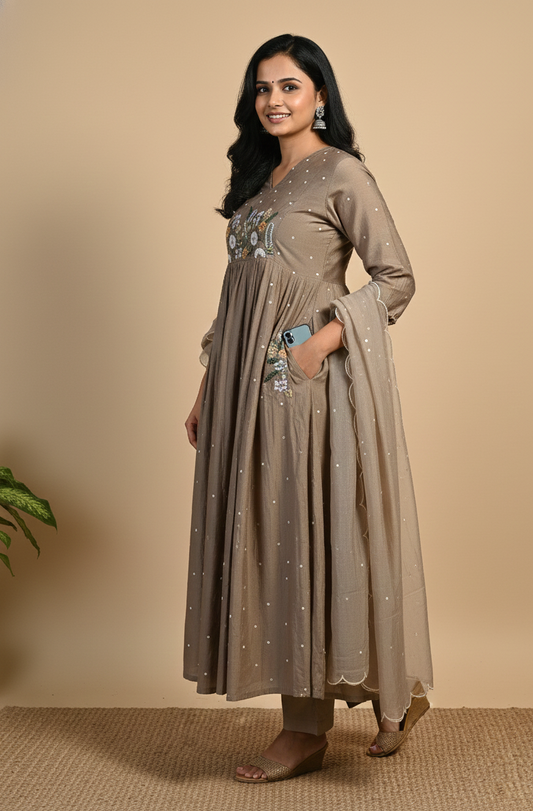 Mul Chanderi Embroidered A-Line Kurta Set – Taupe Brown