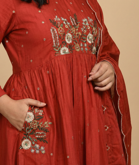 Mul Chanderi Embroidered A-Line Kurta Set - Red