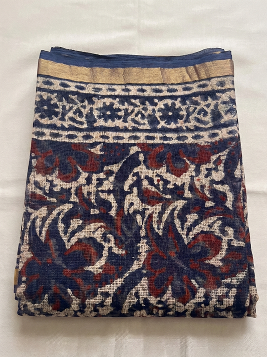 Navy Indigo Kota Doria Hand Block Premium Print Saree