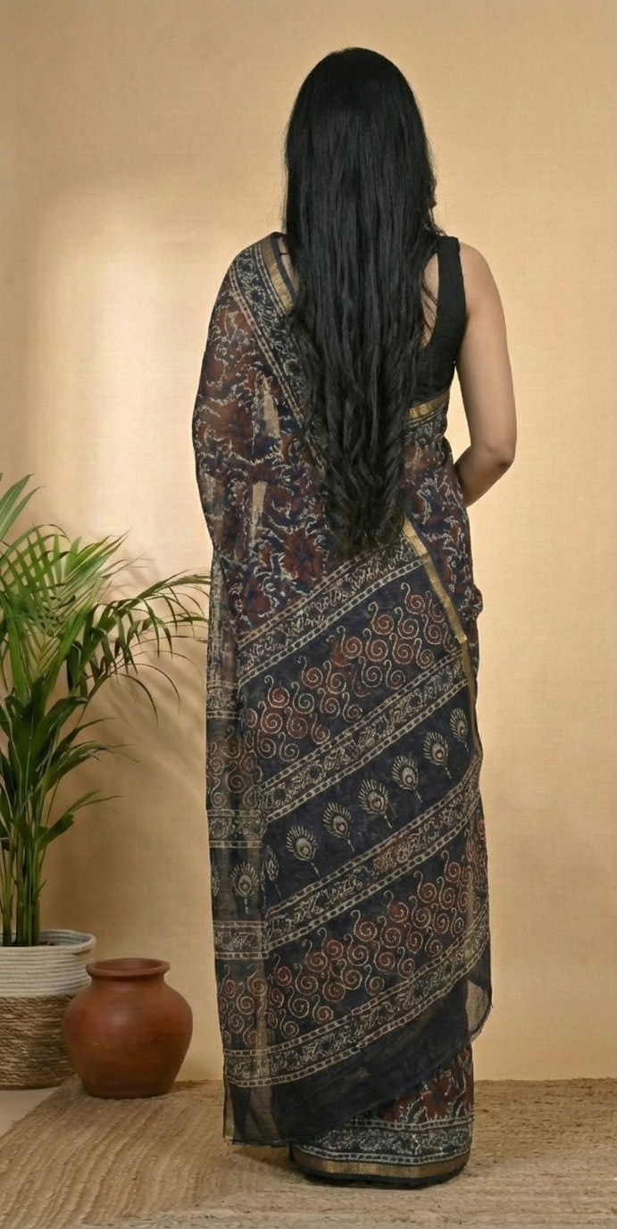 Navy Indigo Kota Doria Hand Block Premium Print Saree