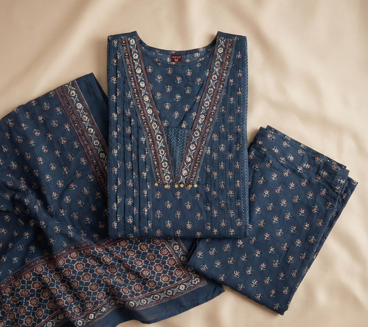 Navy Blue Floral Anarkali Kurta Set -Pure Cotton