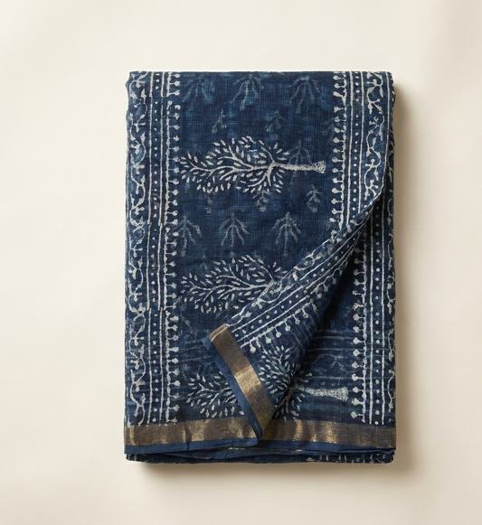 Midnight Indigo 'Tree of Life' Kota Doria Saree