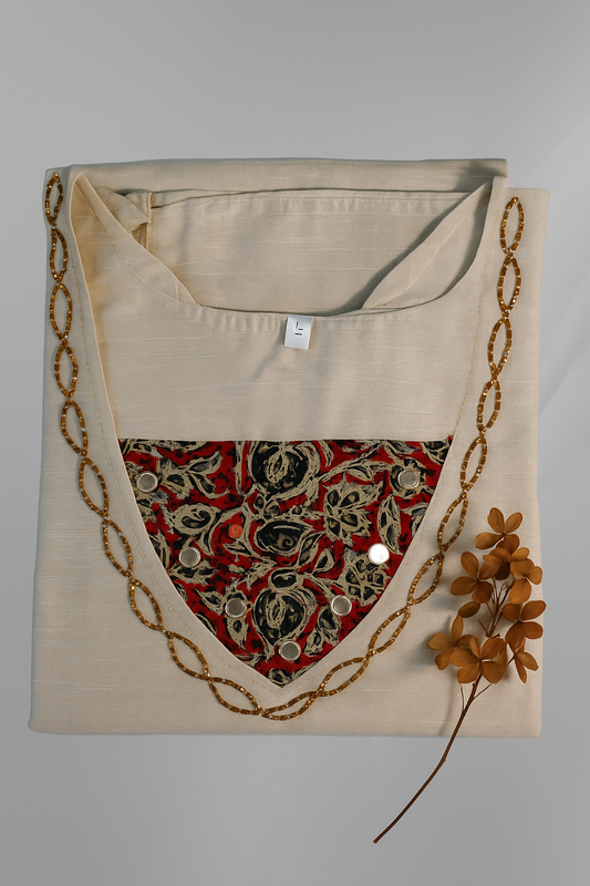 Elegant Beige Semi Silk with Intricate Hand-Embroidered Neckline