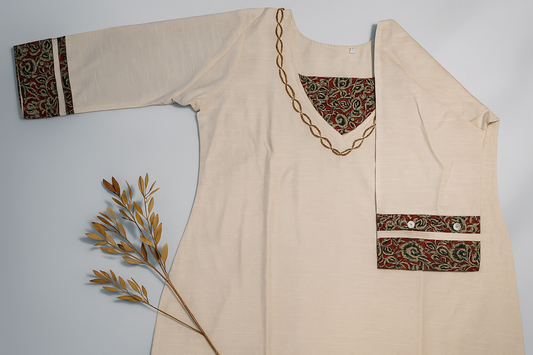 Elegant Beige Semi Silk with Intricate Hand-Embroidered Neckline