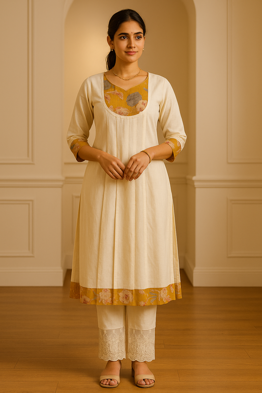 Elegant Mustard Floral Printed Semi Silk Kurta – Comfortable Daily & Festive Wear