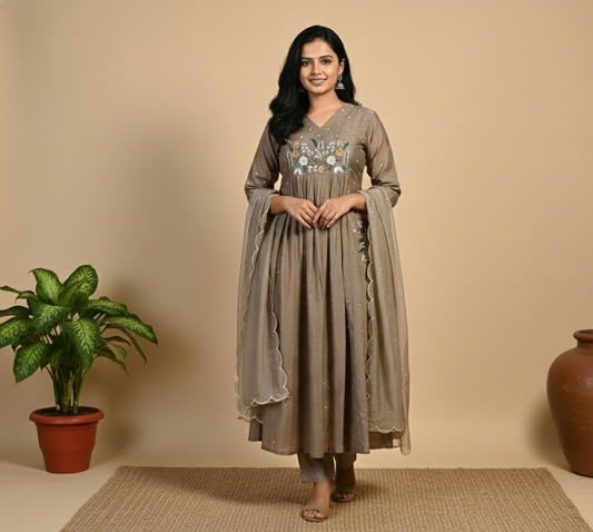 Mul Chanderi Embroidered A-Line Kurta Set – Taupe Brown