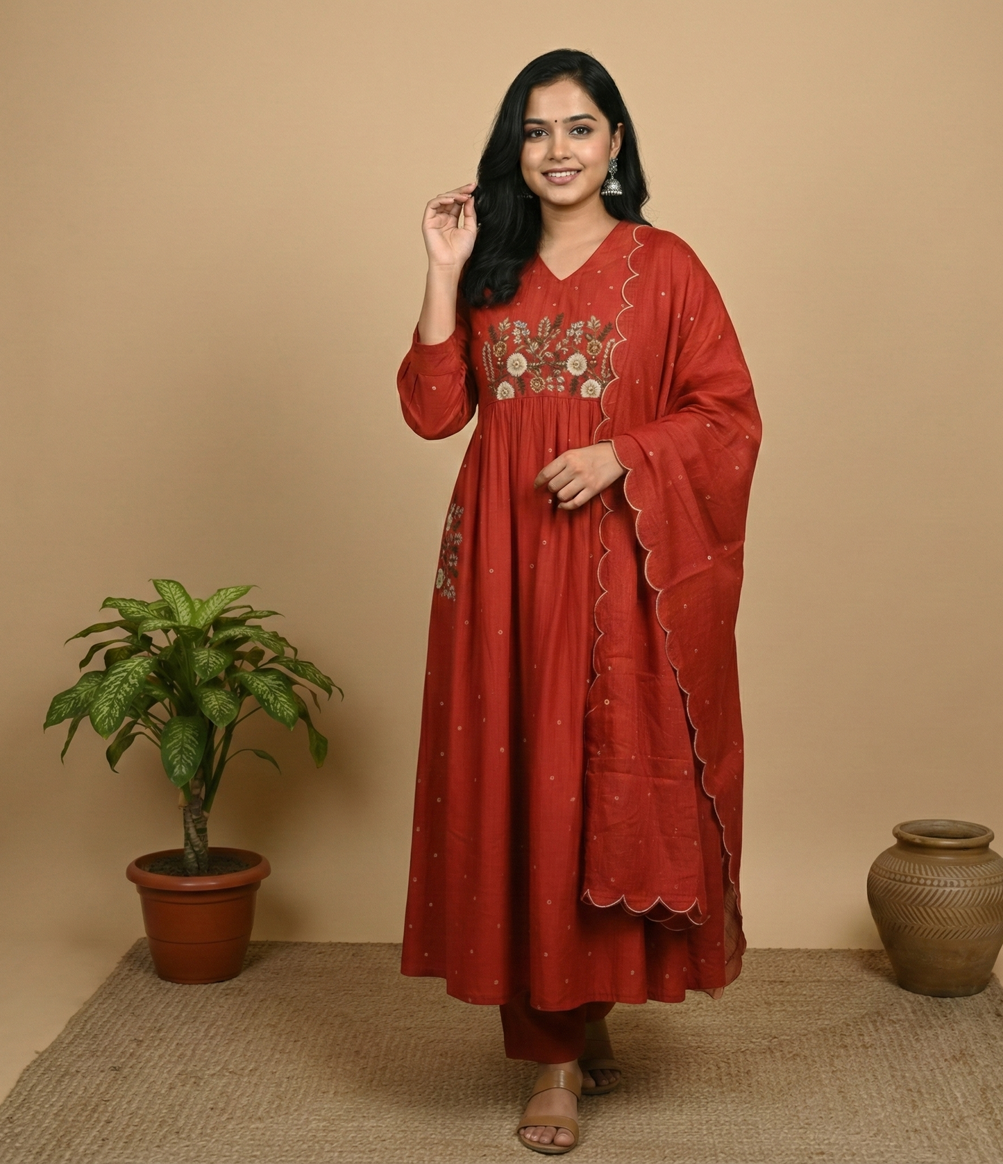 Mul Chanderi Embroidered A-Line Kurta Set - Red