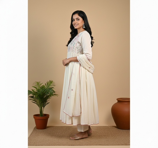 Mul Cotton A-line kurta set - White