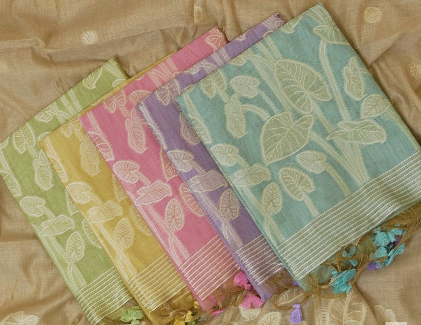 Chanderi Silk Leaf Motif Saree with Zari Border & Tassel Pallu – 3 Colors