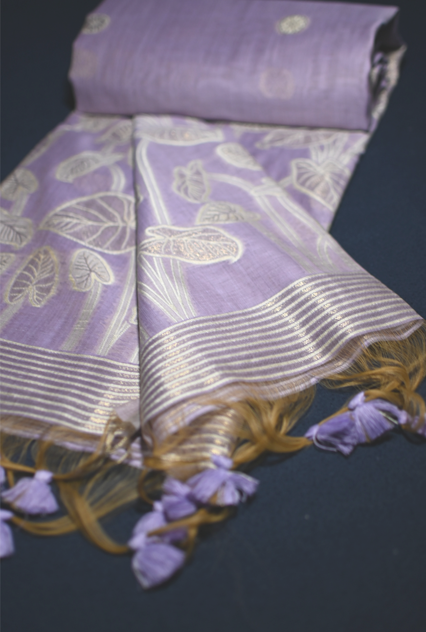 Chanderi Silk Leaf Motif Saree with Zari Border & Tassel Pallu – 3 Colors