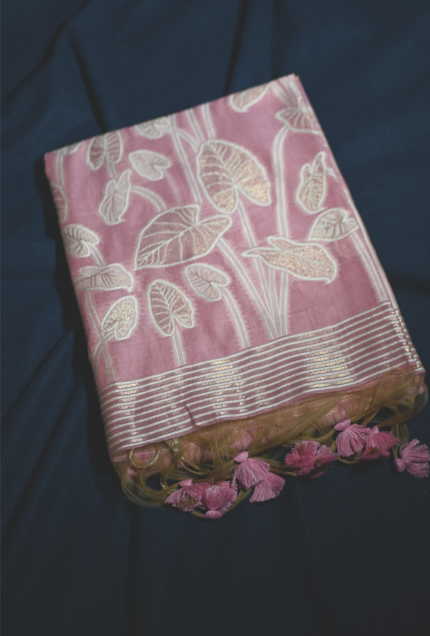 Chanderi Silk Leaf Motif Saree with Zari Border & Tassel Pallu – 3 Colors