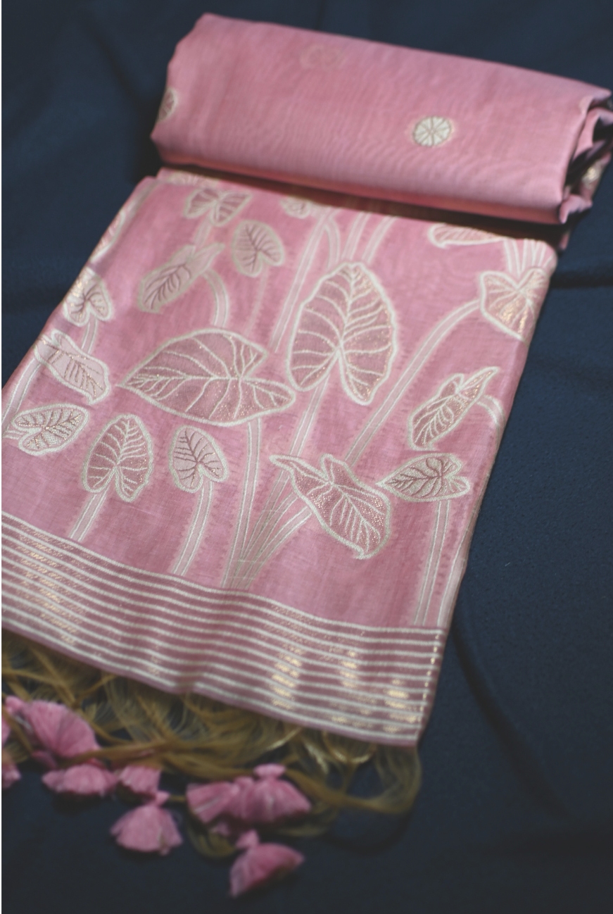 Chanderi Silk Leaf Motif Saree with Zari Border & Tassel Pallu – 3 Colors