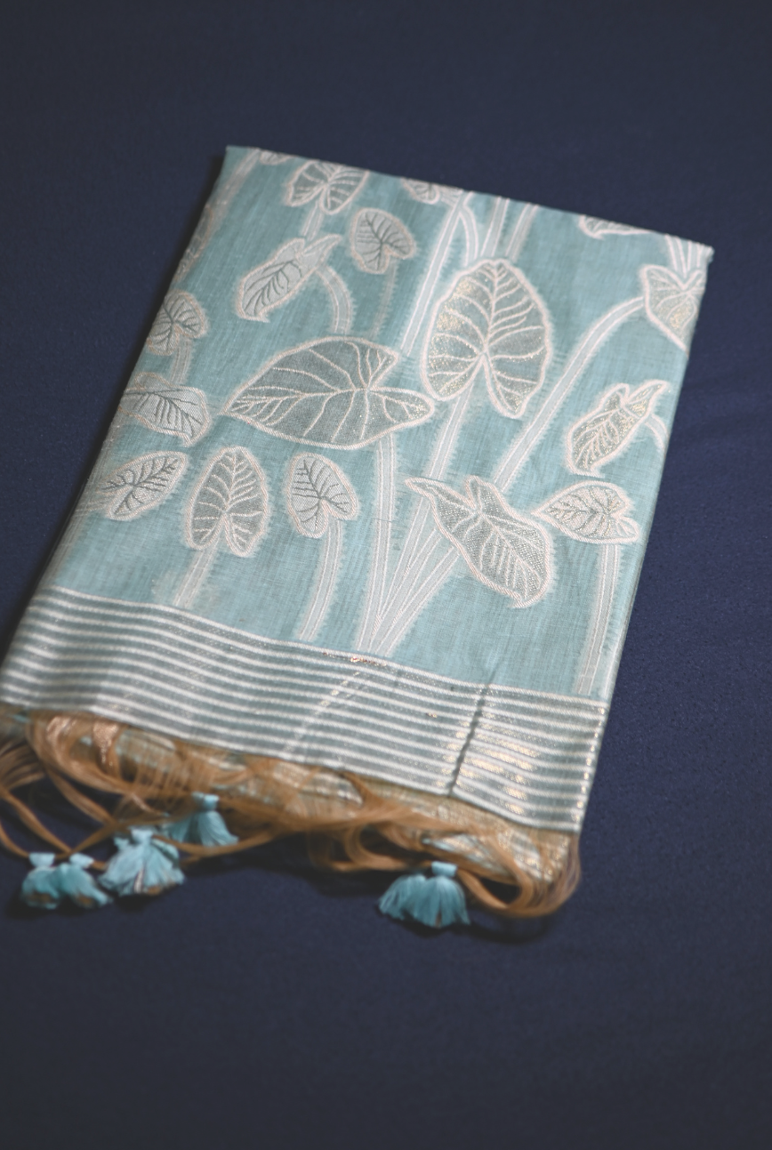 Chanderi Silk Leaf Motif Saree with Zari Border & Tassel Pallu – 3 Colors