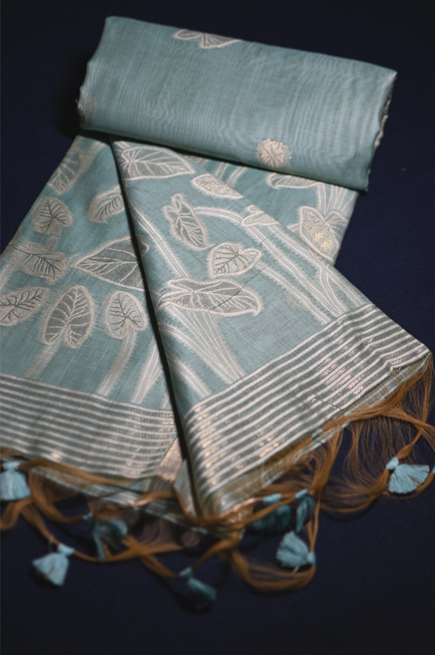 Chanderi Silk Leaf Motif Saree with Zari Border & Tassel Pallu – 3 Colors
