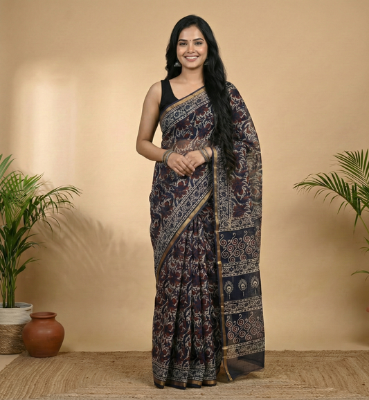 Navy Indigo Kota Doria Hand Block Premium Print Saree
