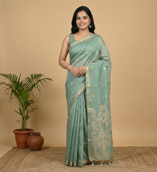 Chanderi Silk Leaf Motif Saree with Zari Border & Tassel Pallu – 3 Colors