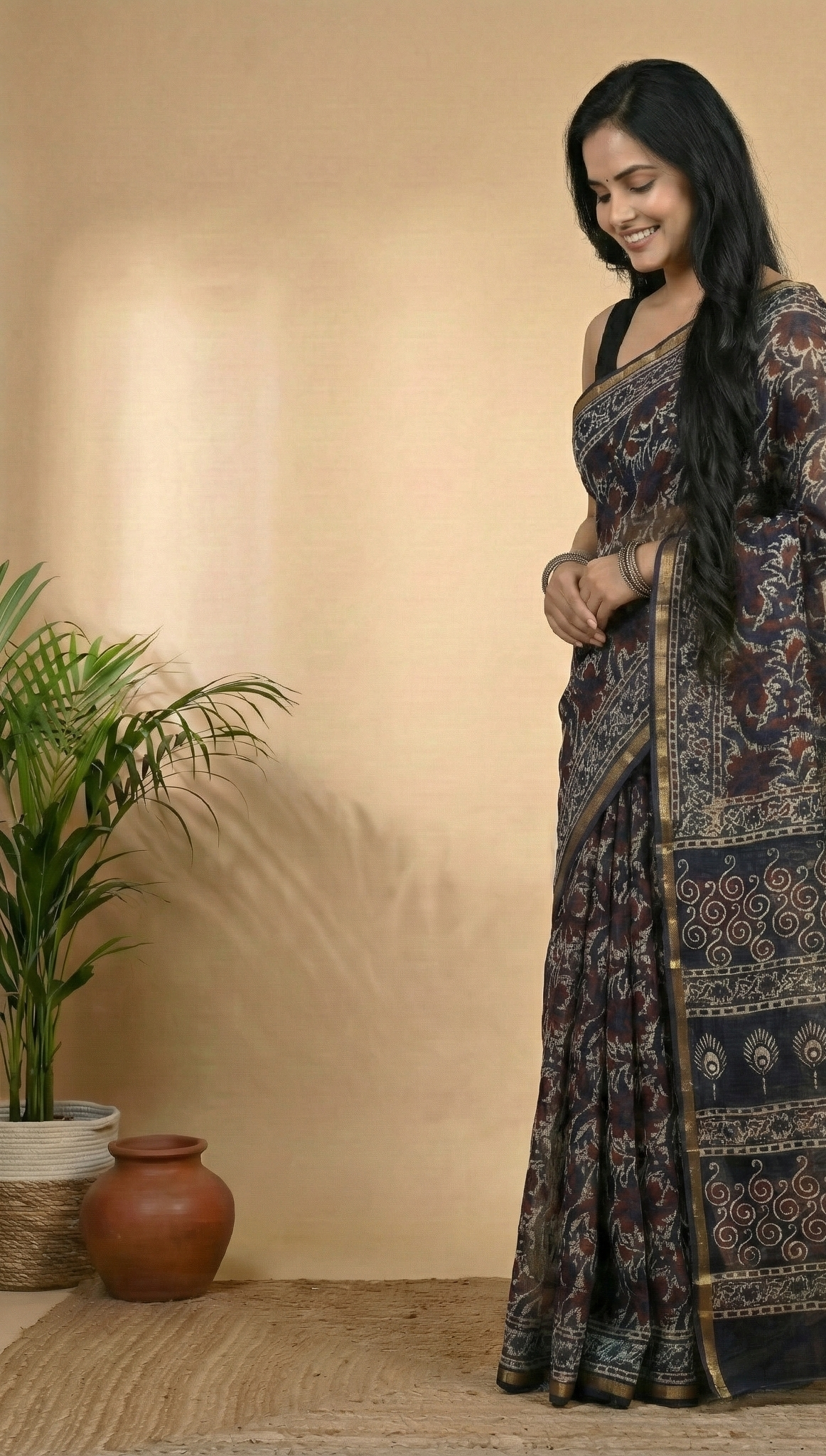 Navy Indigo Kota Doria Hand Block Premium Print Saree