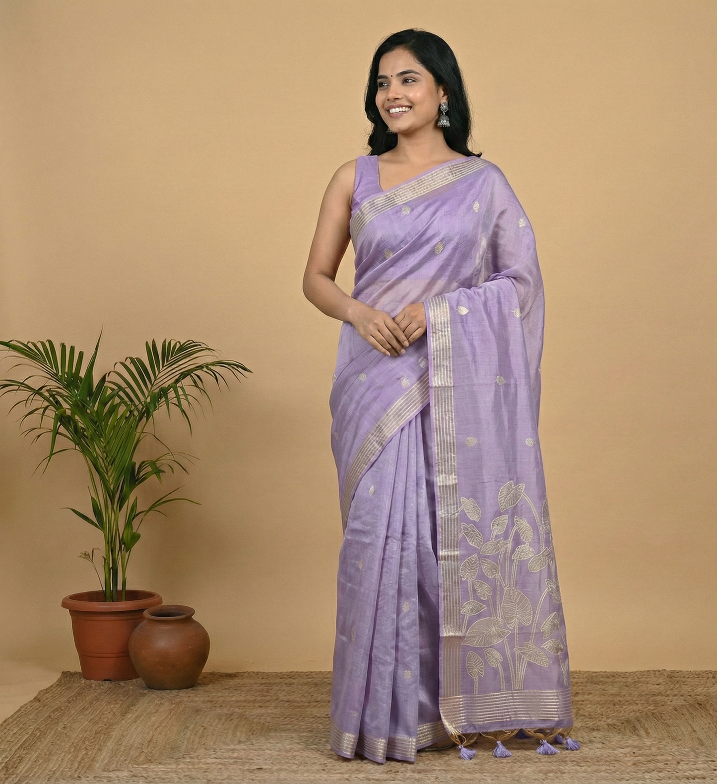 Chanderi Silk Leaf Motif Saree with Zari Border & Tassel Pallu – 3 Colors