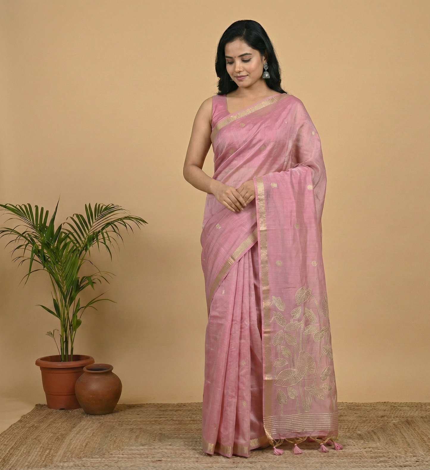 Chanderi Silk Leaf Motif Saree with Zari Border & Tassel Pallu – 3 Colors
