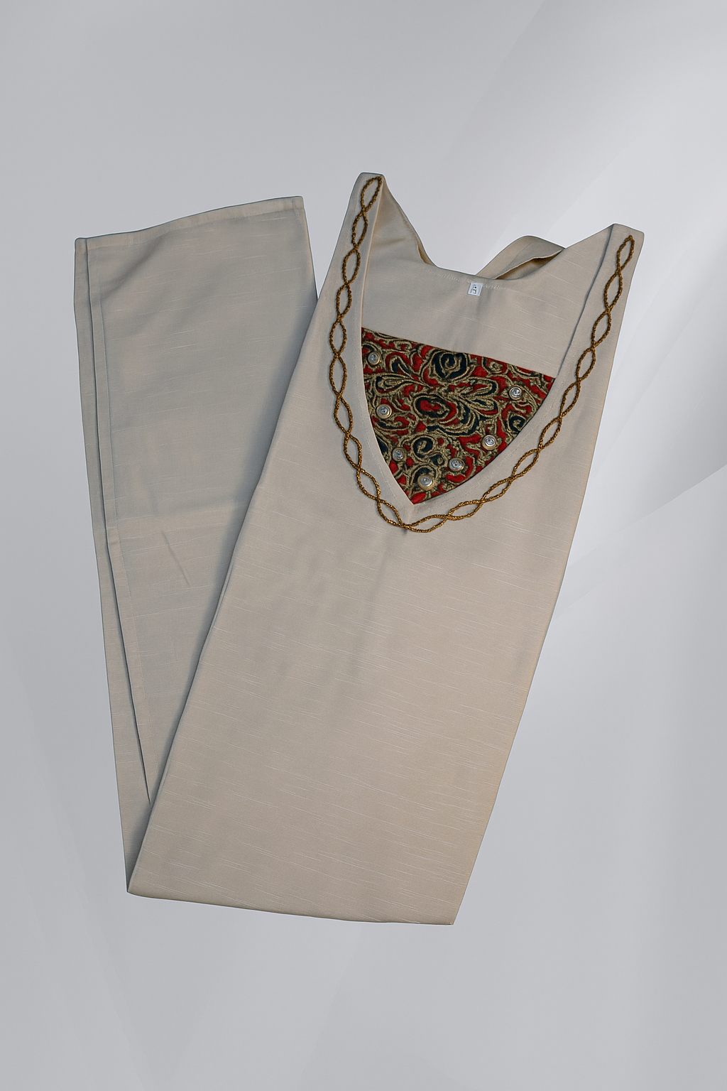 Elegant Beige Semi Silk with Intricate Hand-Embroidered Neckline