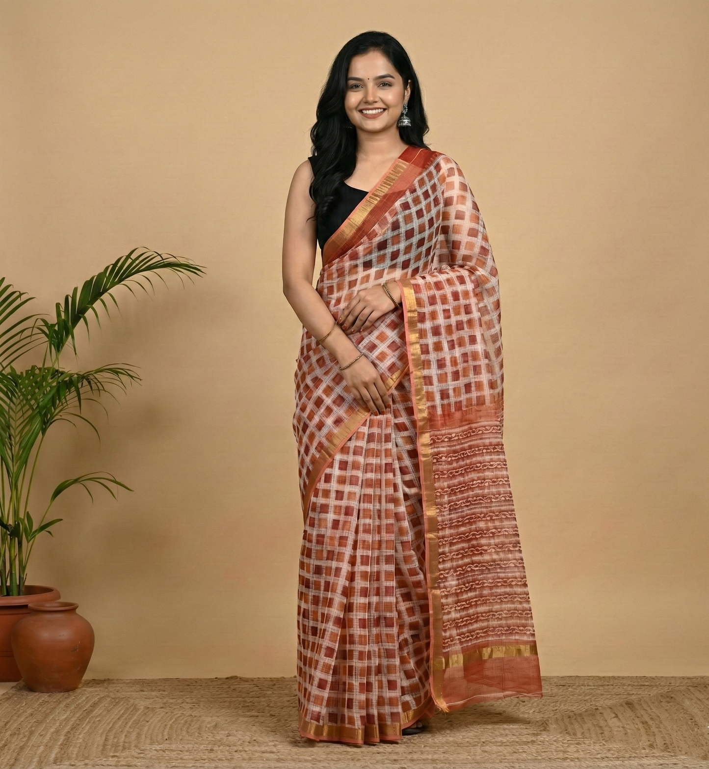 Terracotta Check Kota Doria Handwoven Saree