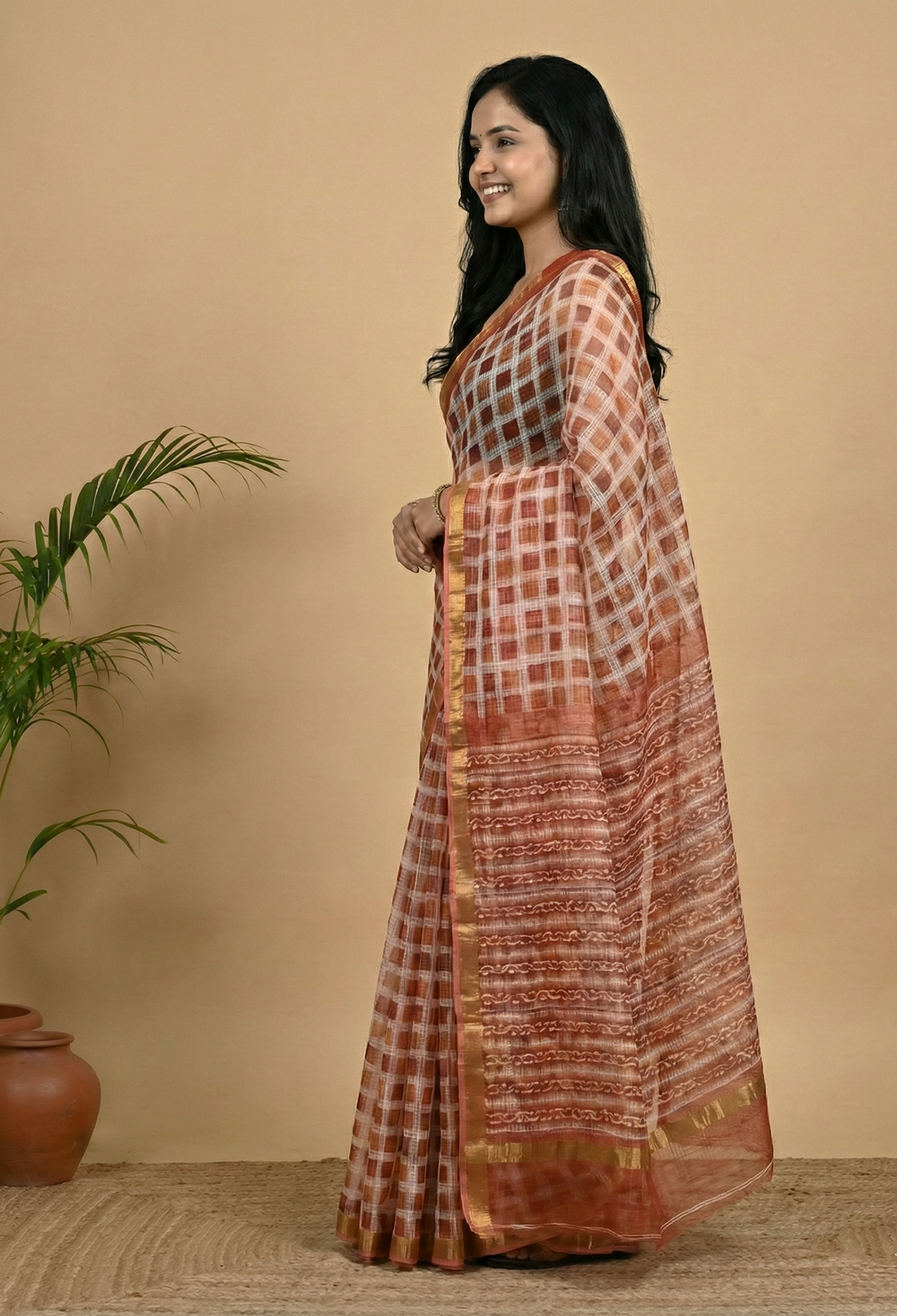 Terracotta Check Kota Doria Handwoven Saree