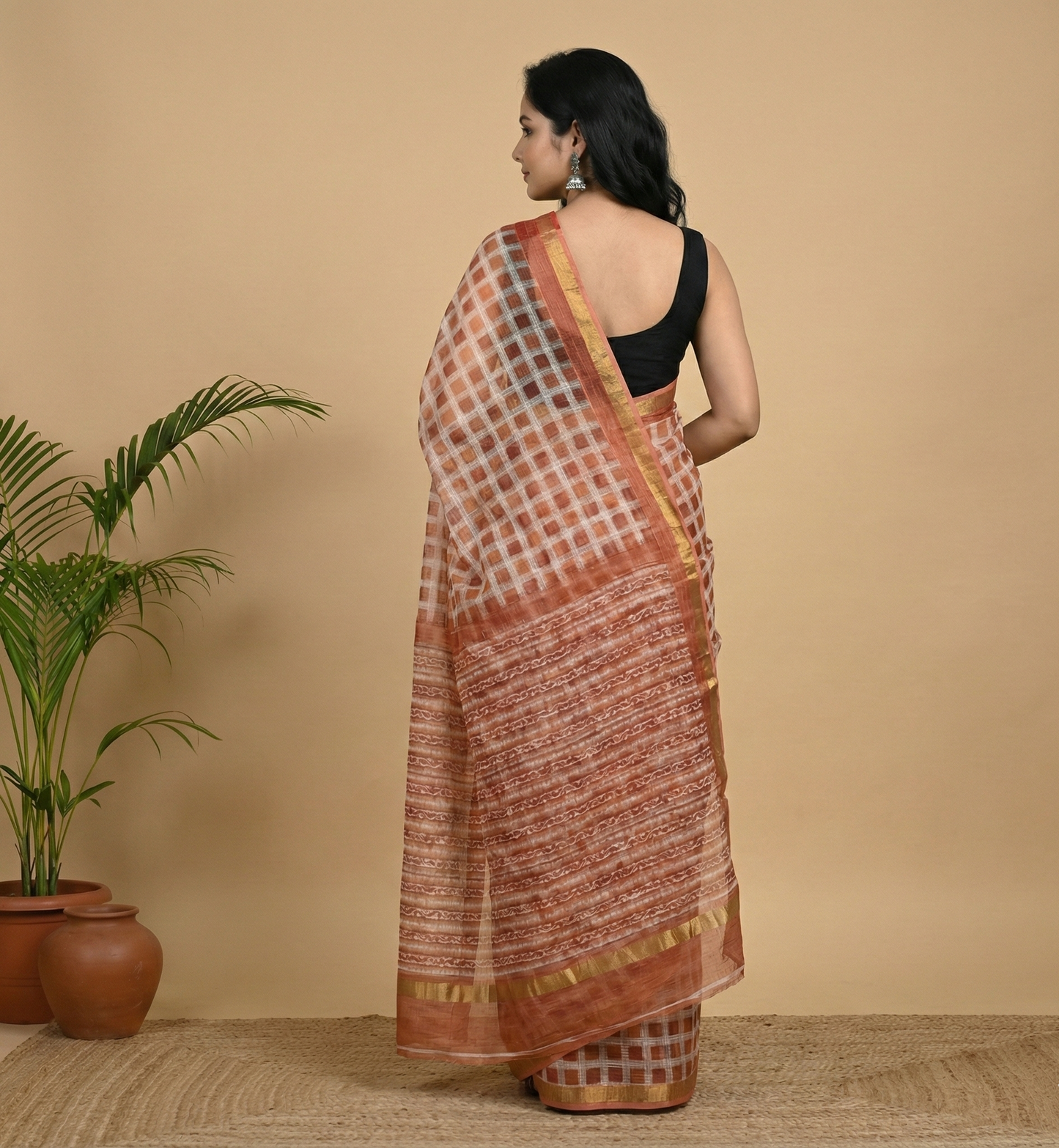 Terracotta Check Kota Doria Handwoven Saree
