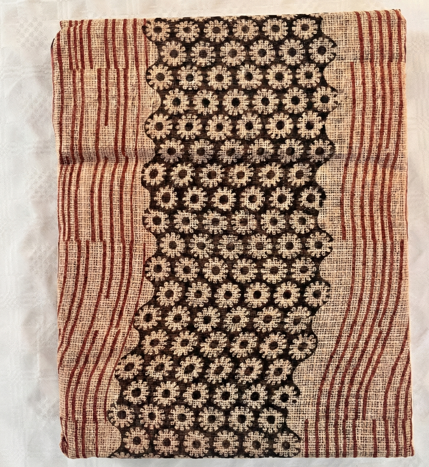 Black & Rust Striped Kota Doria Saree with Block Print