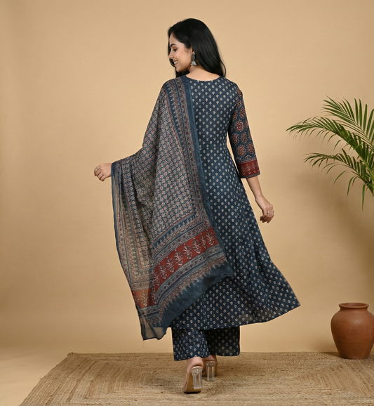 Navy Blue Floral Anarkali Kurta Set -Pure Cotton