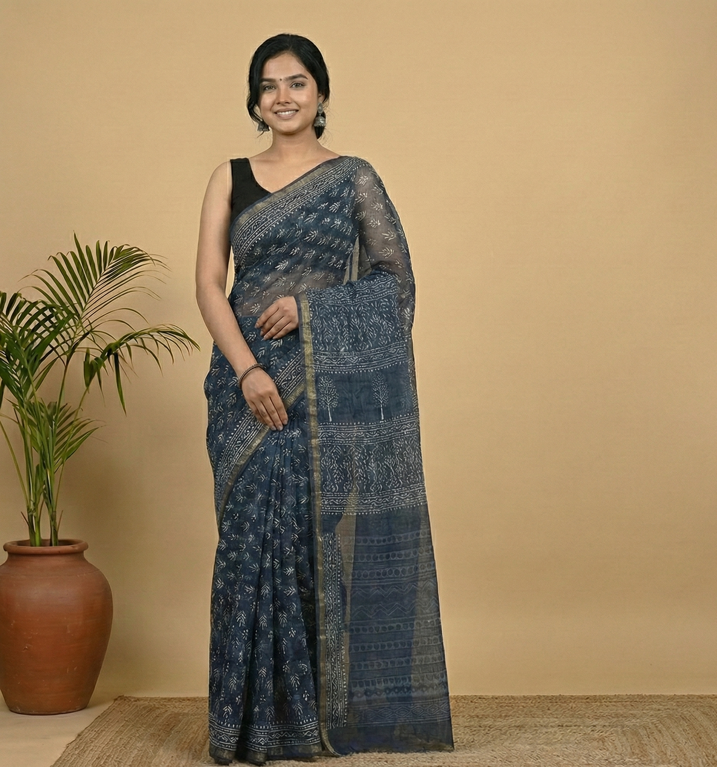 Midnight Indigo 'Tree of Life' Kota Doria Saree