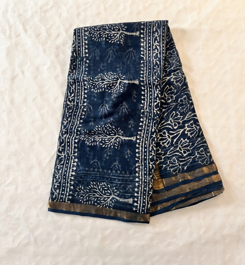 Midnight Indigo 'Tree of Life' Kota Doria Saree
