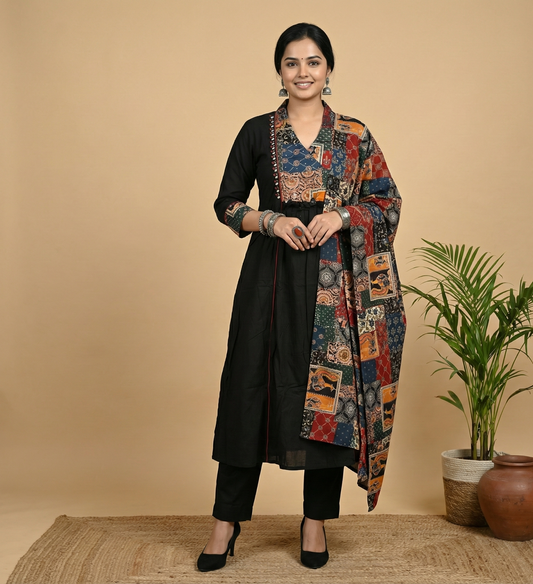 Boho-Black Edit Cotton Patchwork Kurta Dupatta Set