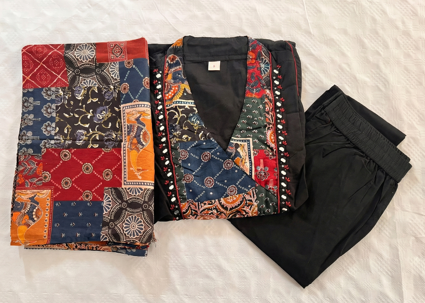 Boho-Black Edit Cotton Patchwork Kurta Dupatta Set