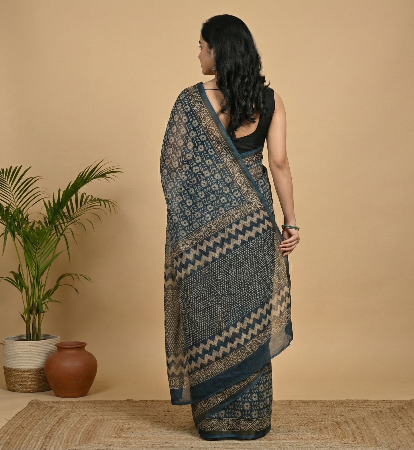 Indigo Garden: Hand Block Printed Floral Kota Doria Saree