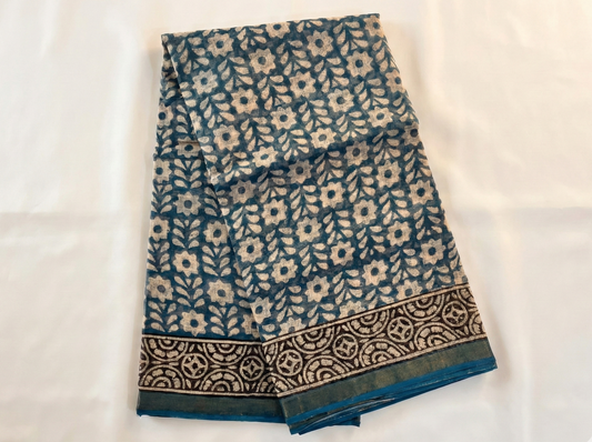 Indigo Garden: Hand Block Printed Floral Kota Doria Saree