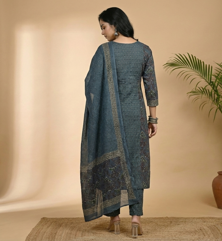 Slate Blue Cotton Printed Kurta Set with Mirror Work Embroidery