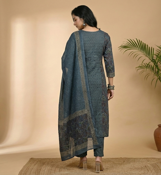 Slate Blue Cotton Printed Kurta Set with Mirror Work Embroidery