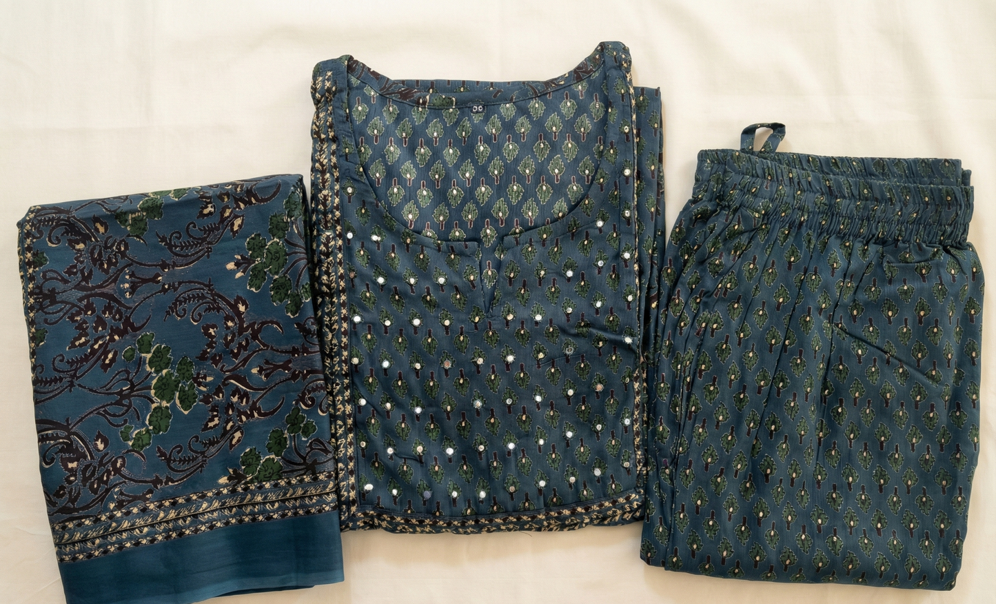 Slate Blue Cotton Printed Kurta Set with Mirror Work Embroidery